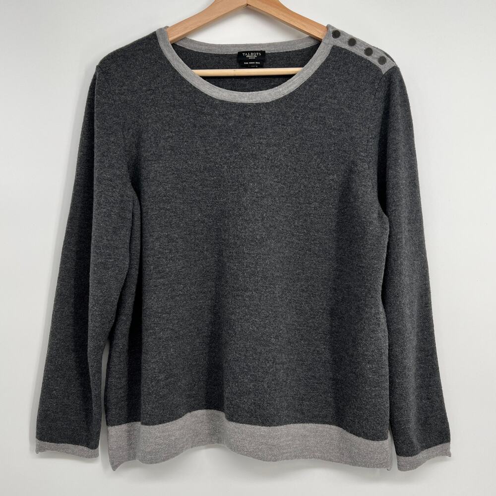 Talbots Pure Merino Wool Sweater Womens Large Gray Button Shoulder Pullover READ